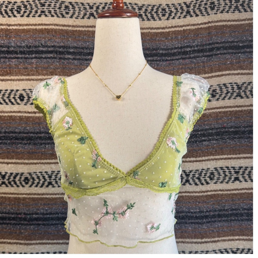Lime Green Floral Embroidered Mesh Crop Top Lace Trim V-Neck Small